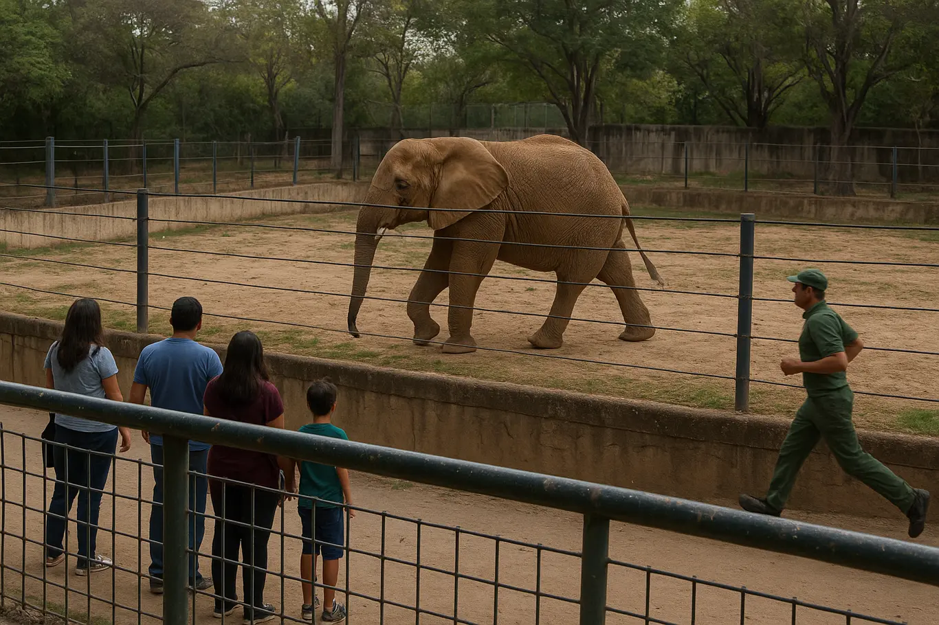 Cena ampla do recinto do elefante com barreira danificada e pessoas afastadas, profissionais do zoo atuando