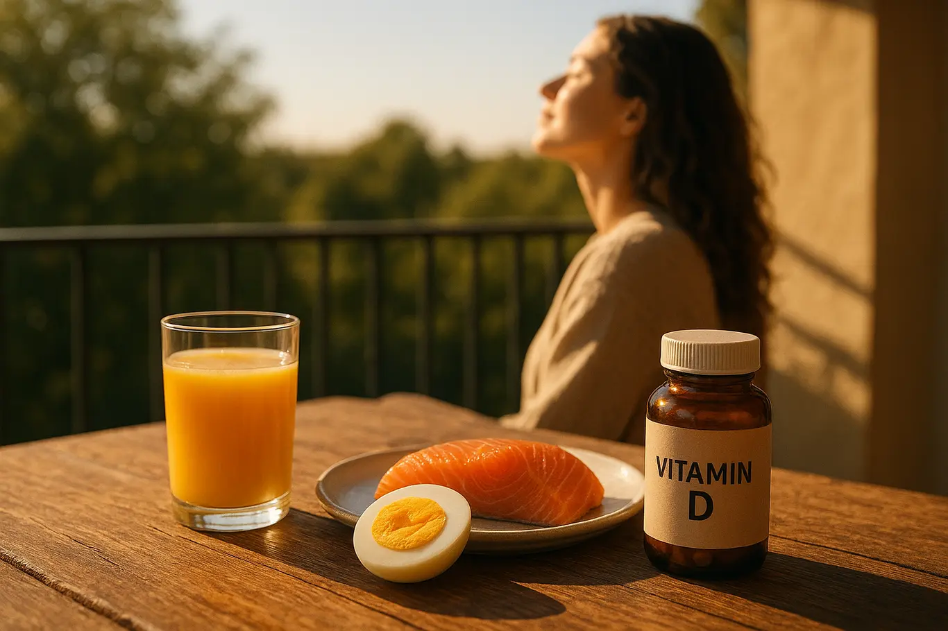 Mesa com alimentos ricos em vitamina D na varanda, mulher em 3/4 ao fundo