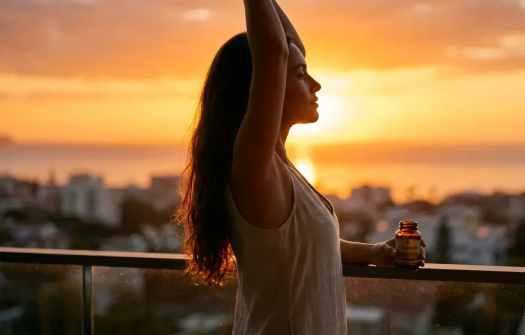 Mulher em perfil na varanda ao nascer do sol segurando frasco genérico de vitamina D