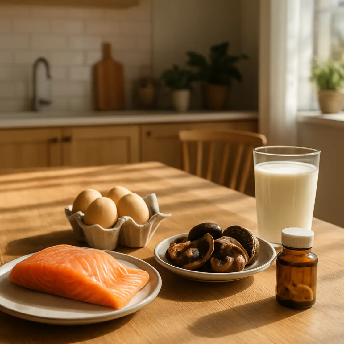 Bancada de cozinha com alimentos ricos em vitamina D iluminada pela manhã