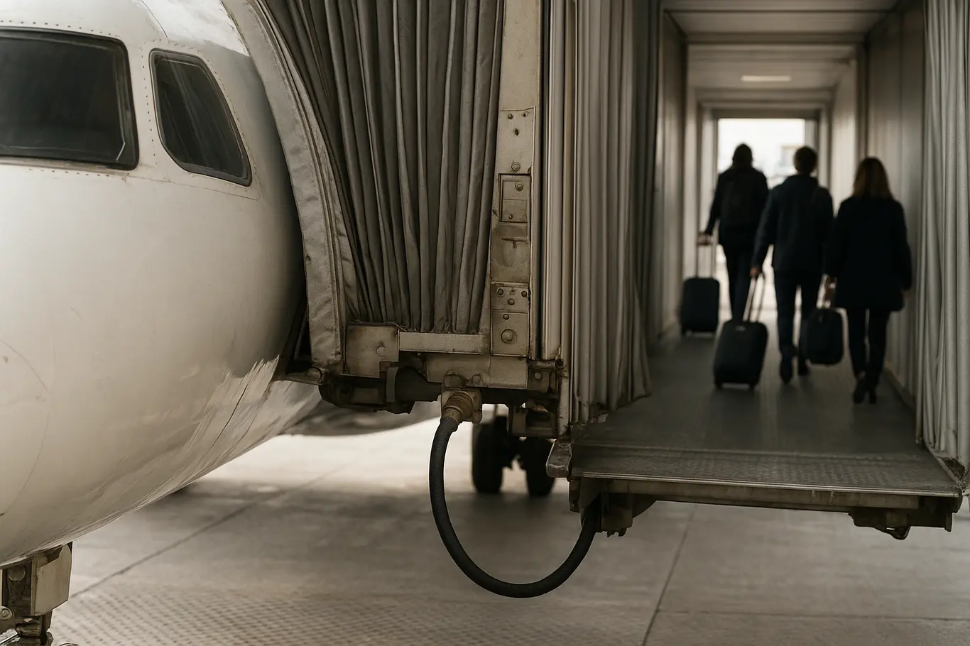 Close na ponte de embarque conectada a aeronave regional, passageiros vistos de costas caminhando pela jetway.