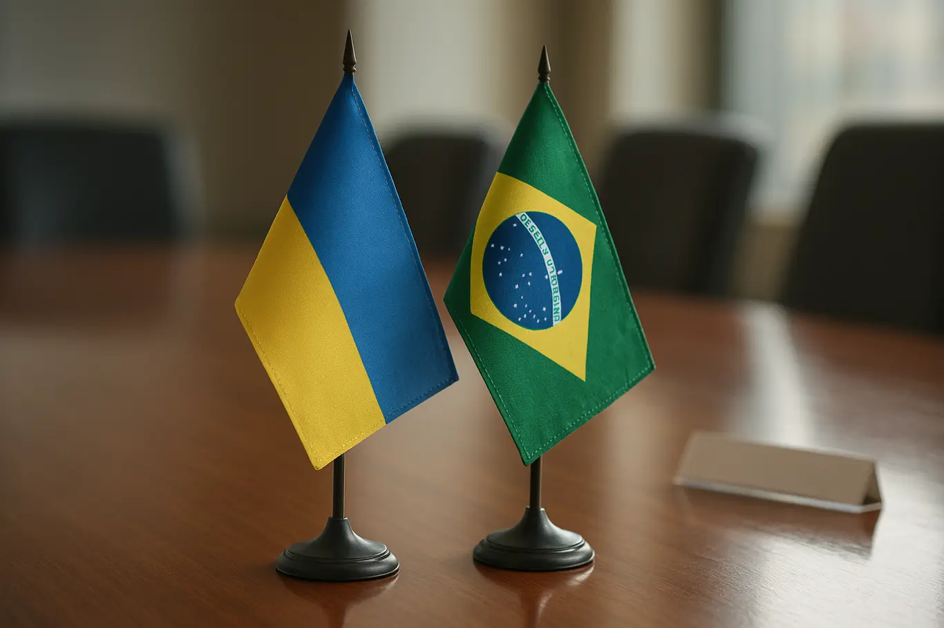 Duas bandeiras de mesa da Ucrânia e do Brasil em mesa de reunião