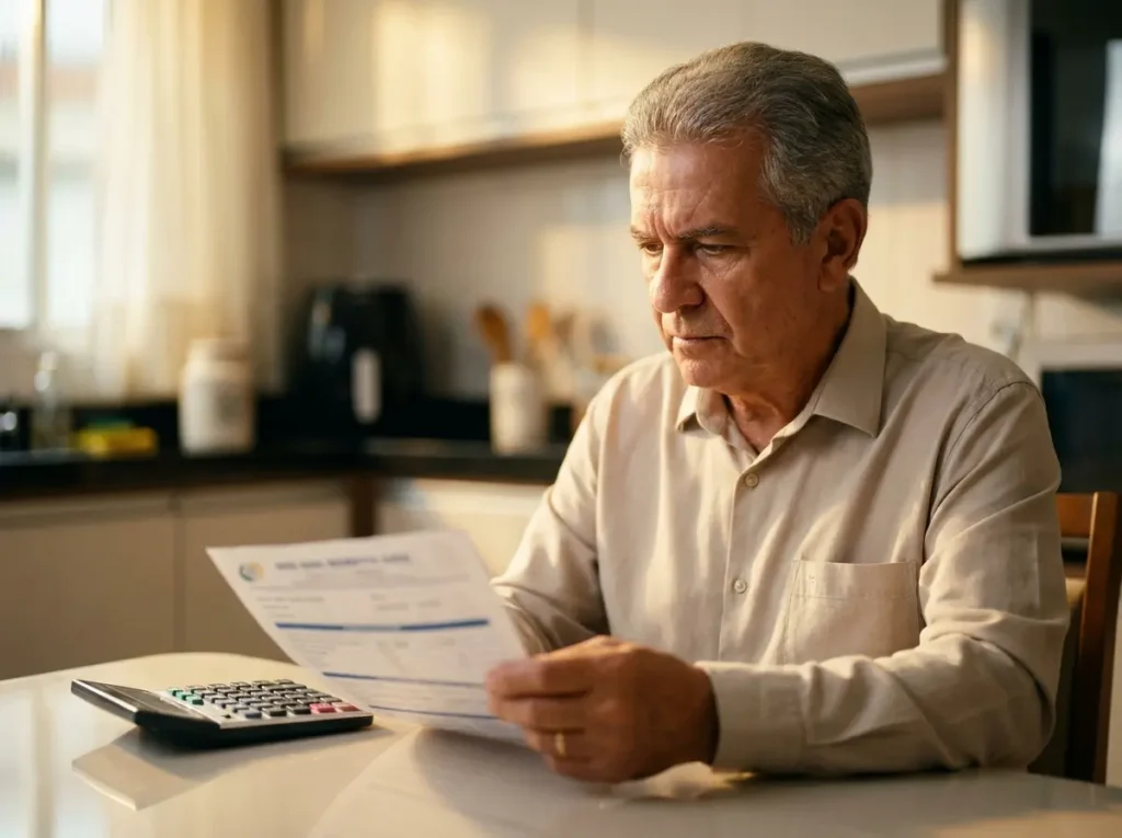 Consignado do INSS: o que o aposentado deve checar antes de assinar Aposentado em perfil 3/4 segurando documento do INSS e calculadora, luz dourada