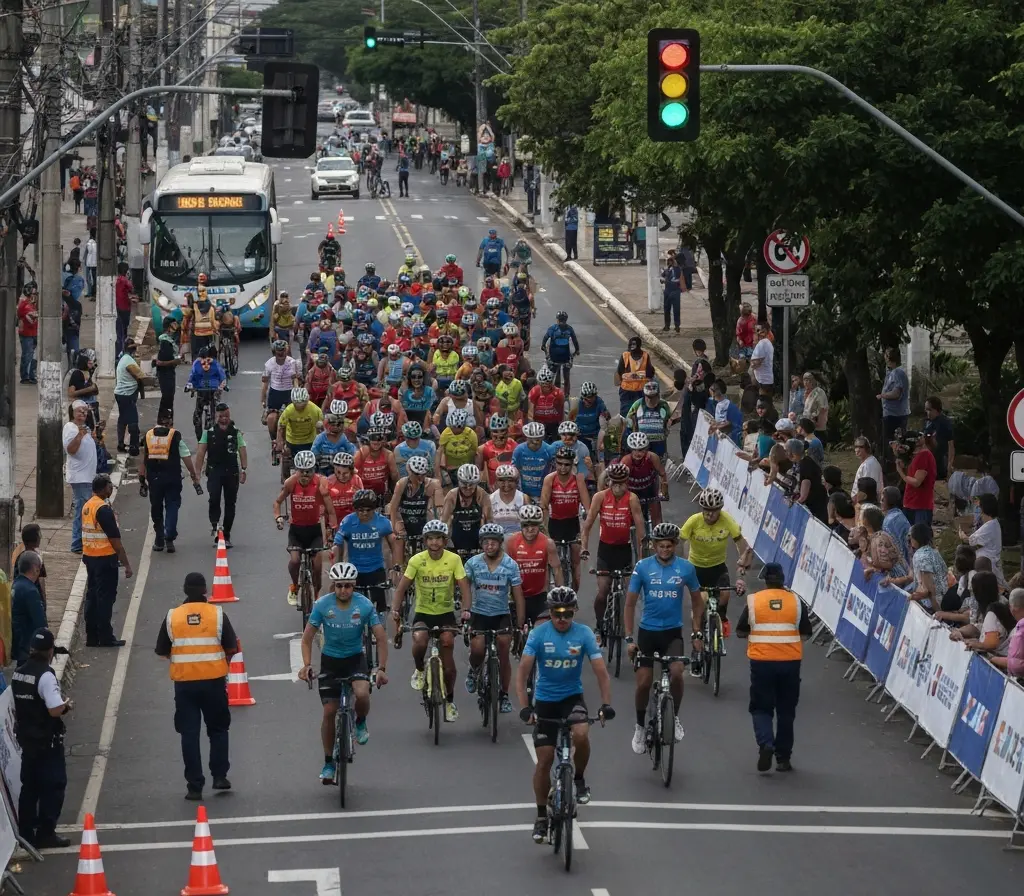 Cross urbano CAIXA tem etapa final no Guará na final da Copa e muda trânsito Grupo de corredores do Cross Urbano no Guará com agentes de trânsito e público nas calçadas, vista ampla da avenida