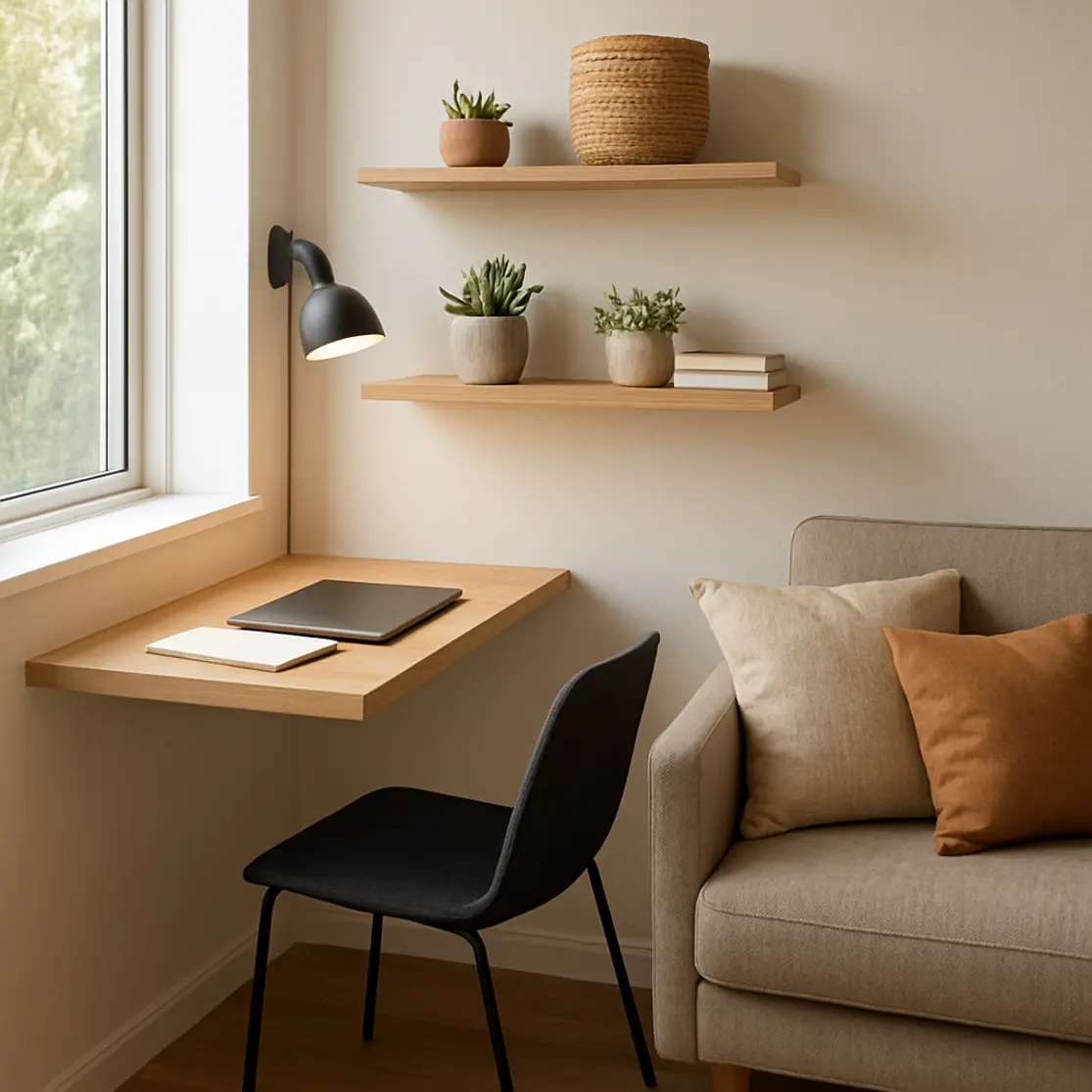 Canto funcional de sala pequena com mesa suspensa, prateleiras e objetos decorativos em tons naturais