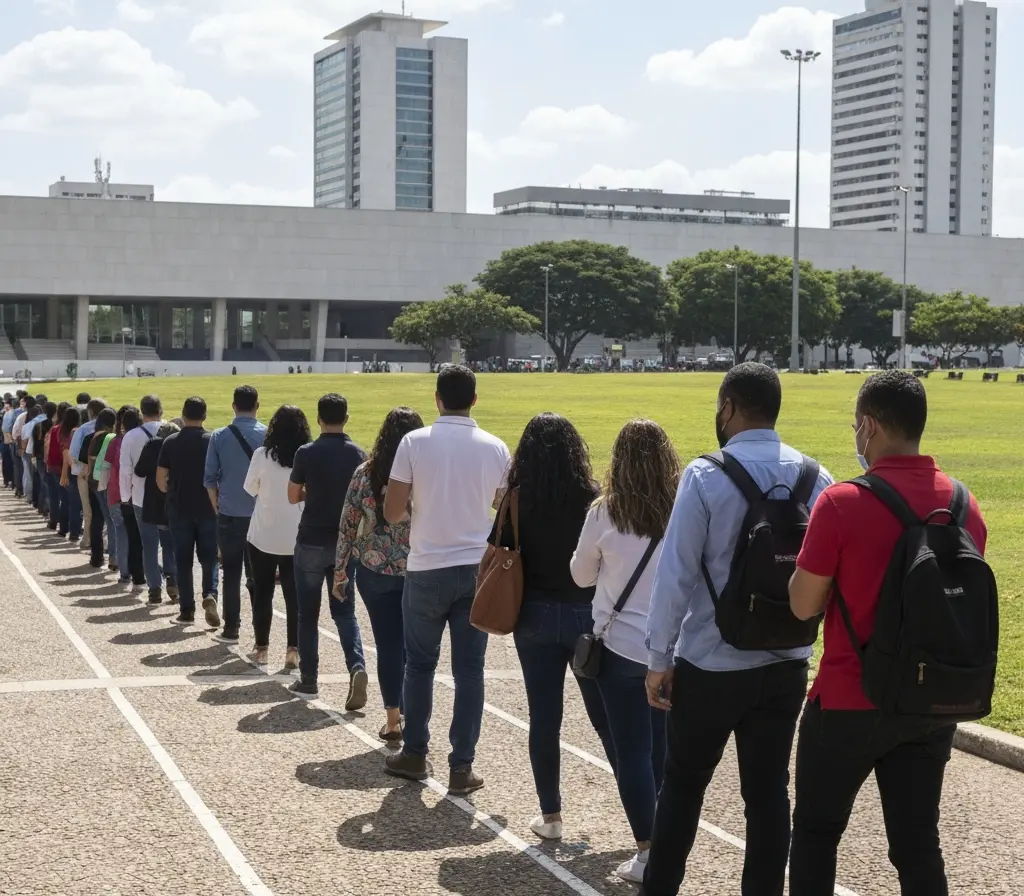 Distrito Federal abre 1.500 vagas em Brasília com salários de até R$ 4.000 Fila de candidatos em frente a prédio público de Brasília vista em plano aberto, rostos não identificáveis