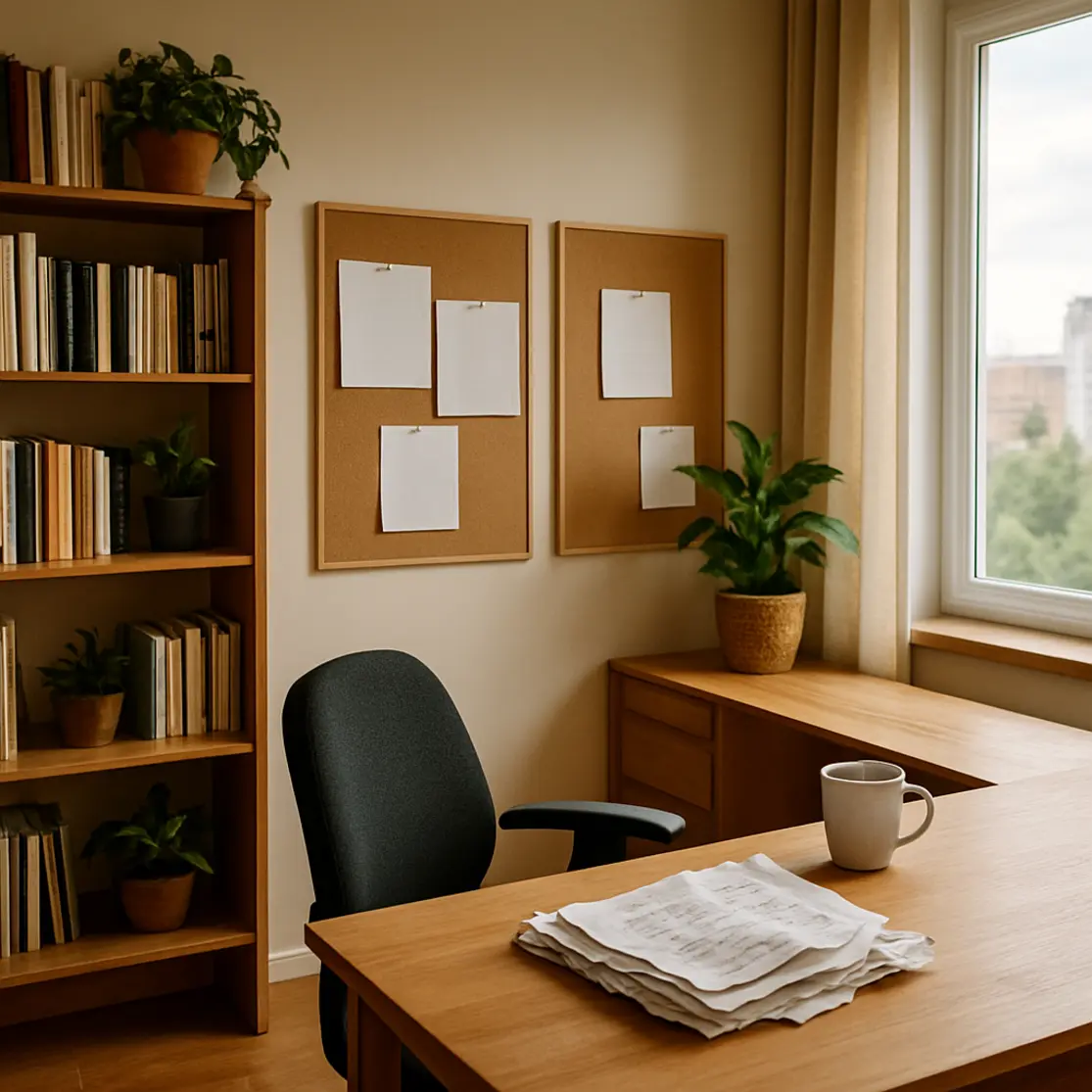 Escritório doméstico com prateleiras, mesa com manuscritos e janela ao fundo