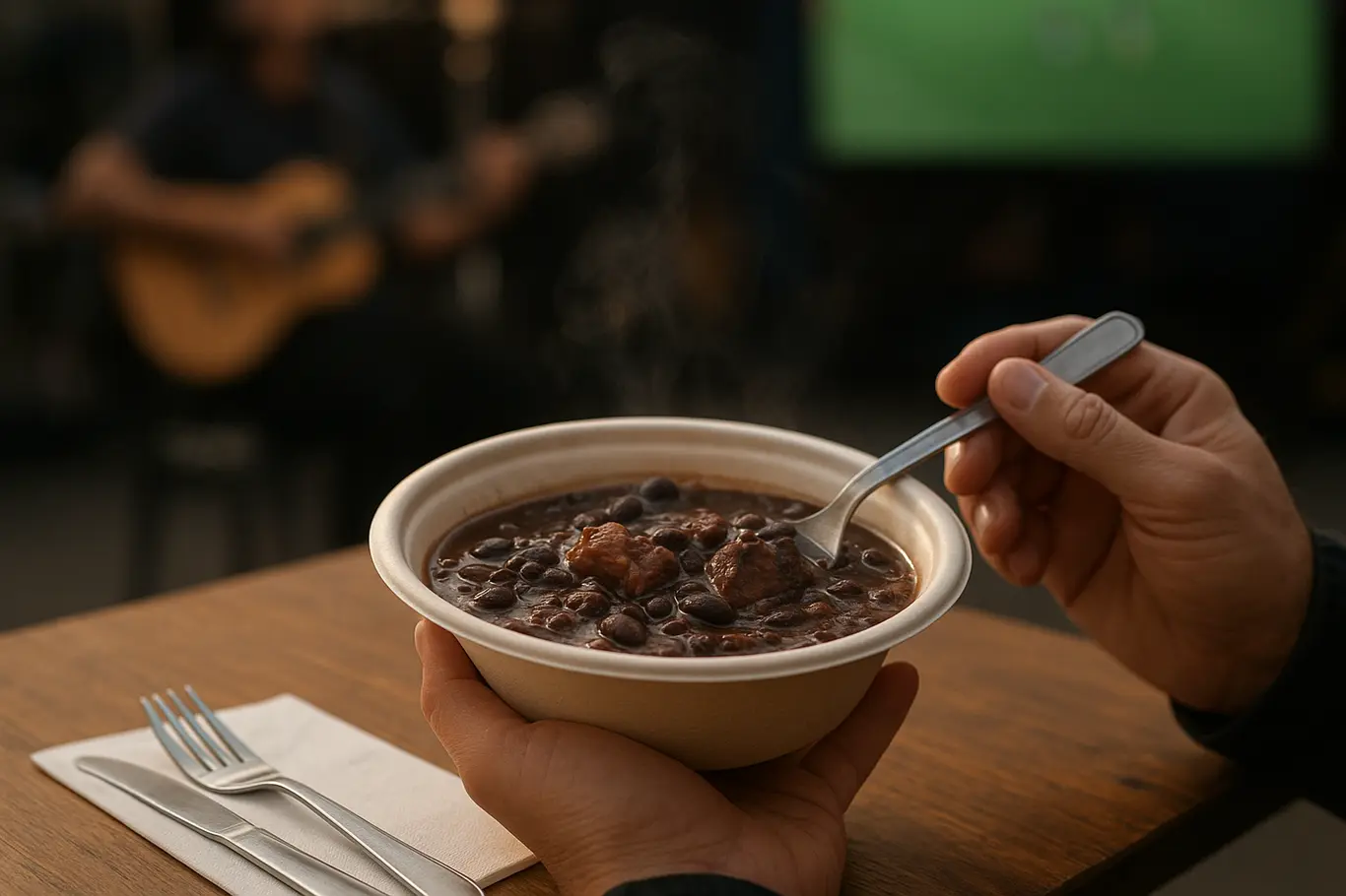 Detalhe de concha servindo feijoada durante evento no Clube do Choro