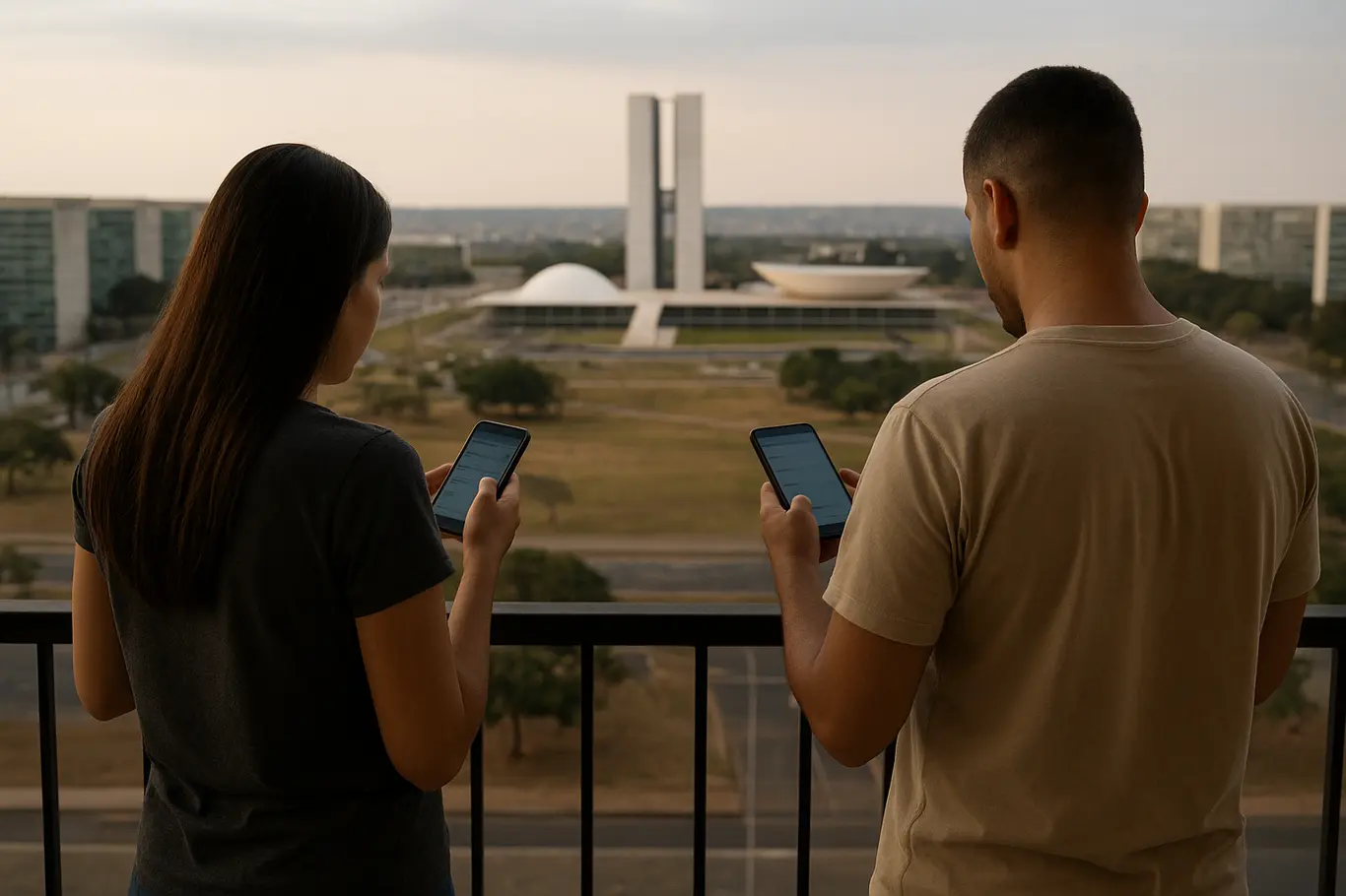 Dois moradores do DF de costas na varanda verificando celulares com horizonte de Brasília ao fundo