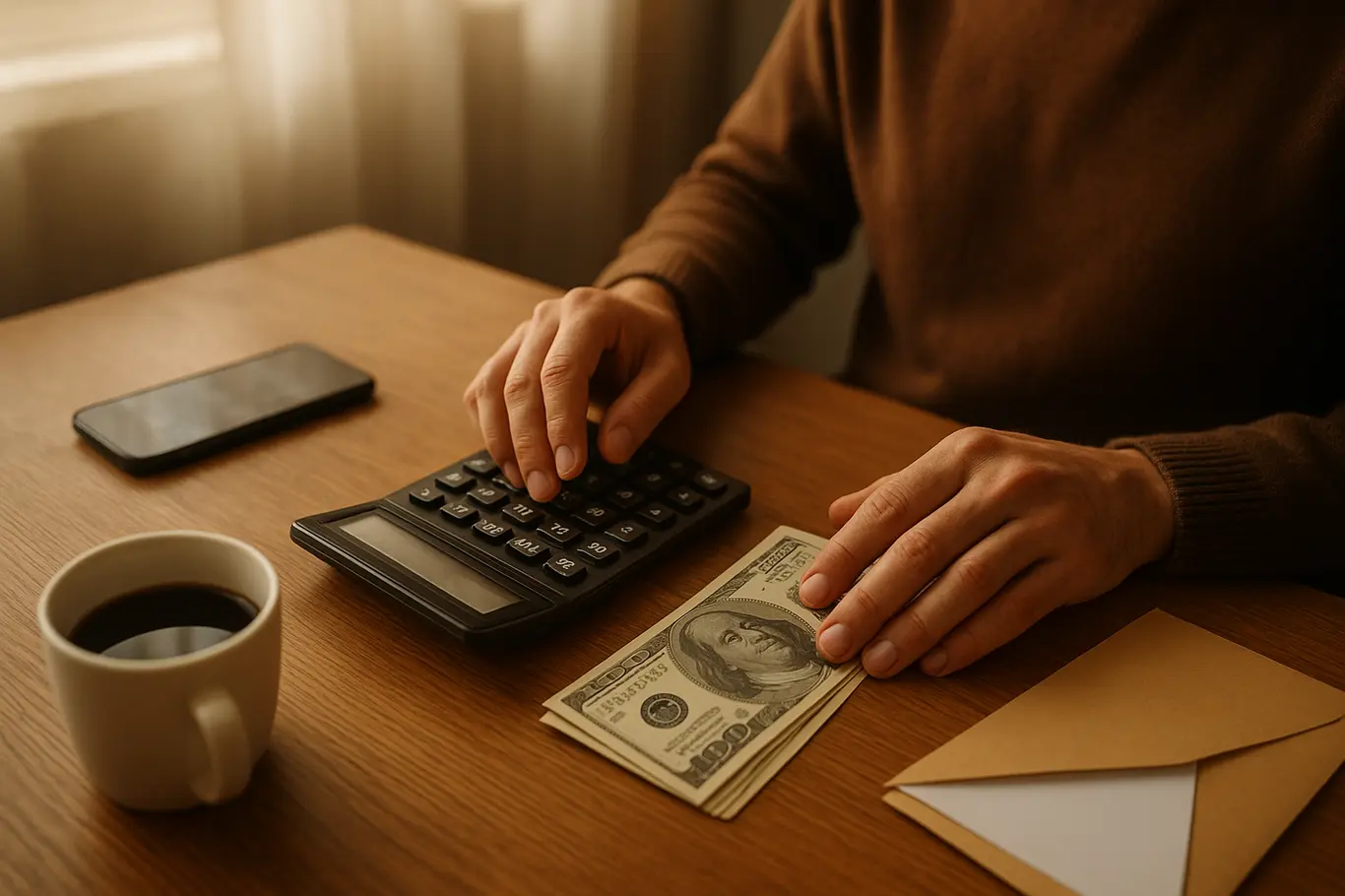 Mãos contando notas e usando calculadora sobre mesa com smartphone e envelope, plano médio