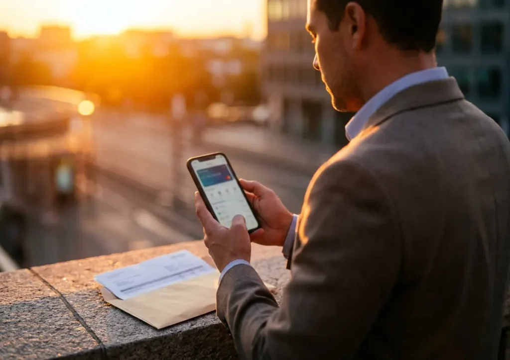 Pessoa de costas segurando smartphone e envelope com documentos, vista em plano médio ao entardecer