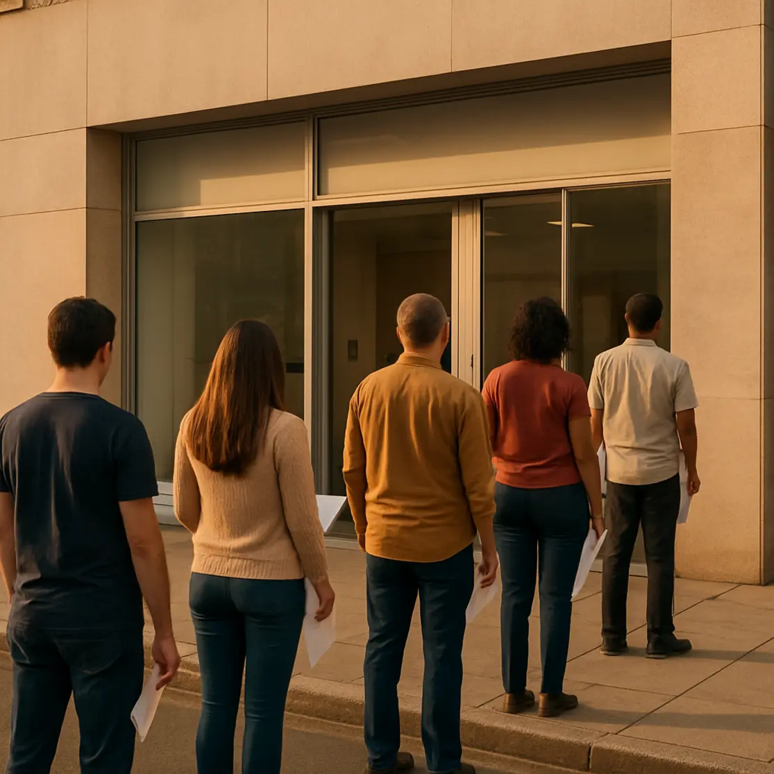 Fila de pessoas de costas em frente a agência de serviços financeiros neutra, plano aberto
