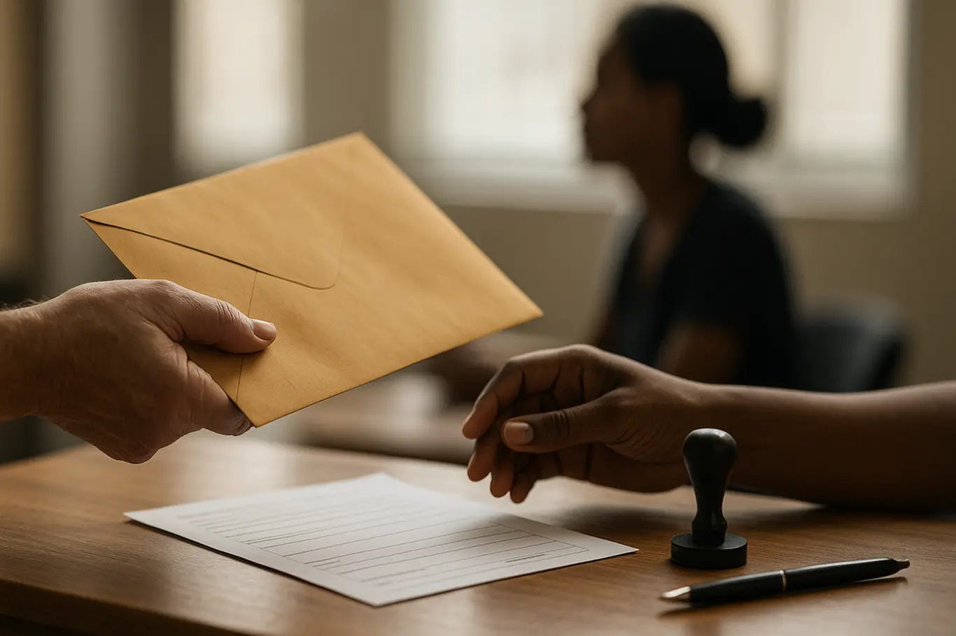 Detalhe de mãos entregando formulário e envelope no balcão de atendimento