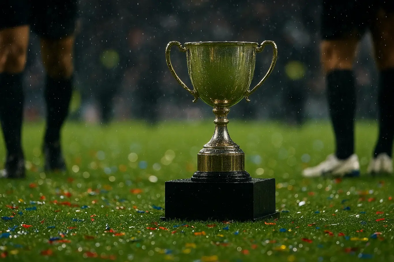 Close do troféu do Algarve sobre o gramado com confete e pernas de jogadores desfocadas ao redor