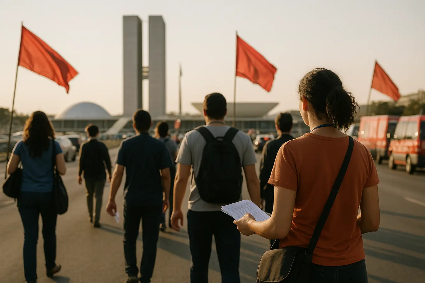 Voluntários de costas na Esplanada, bandeiras ao vento, Congresso desfocado
