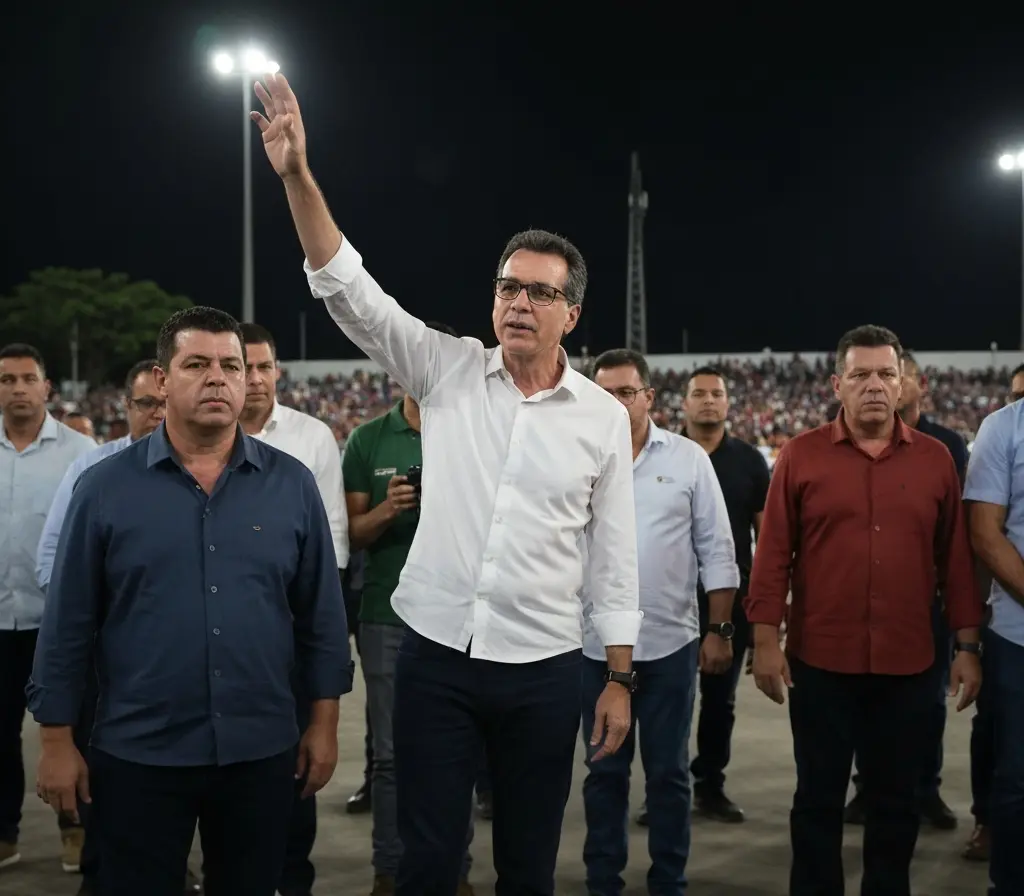 PRTB lança Leonardo Avalanche à presidência e agita política no DF Candidato visto de costas no palco, mão levantada, público desfocado ao fundo