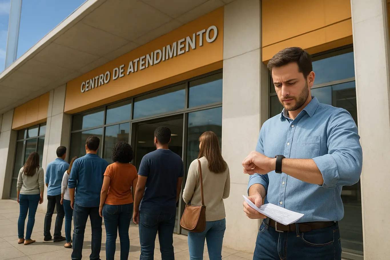 Fila de pessoas vistas de três-quartos em frente a centro de atendimento público, uma consulta o relógio