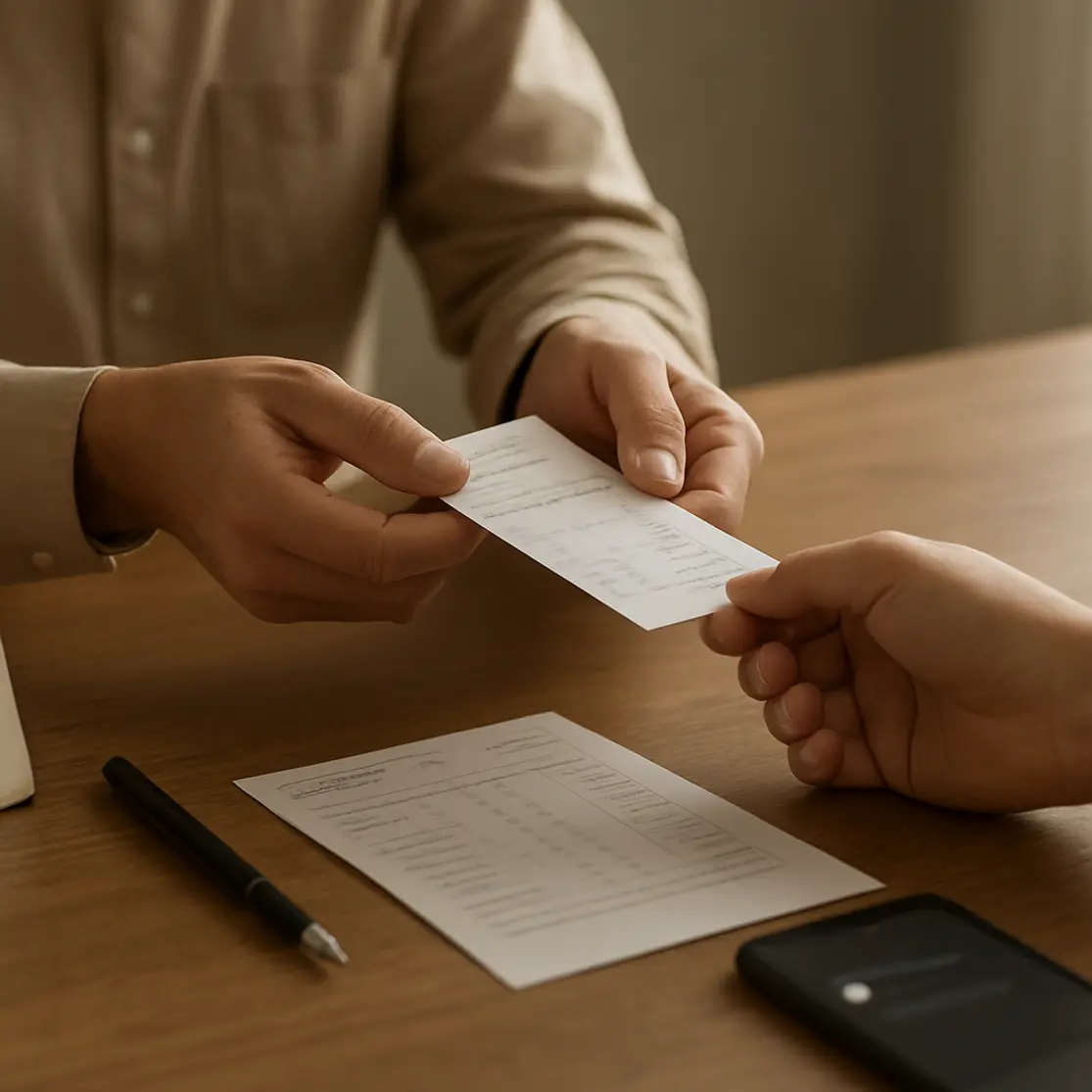 Close nas mãos de atendente entregando comprovante sobre mesa com calendário e smartphone desfocado