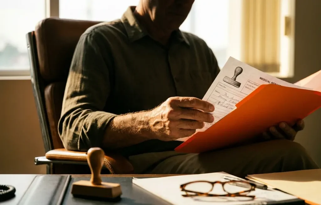 Pessoa de três-quartos segurando documentos em escritório, foco nas mãos, rosto não identificável.
