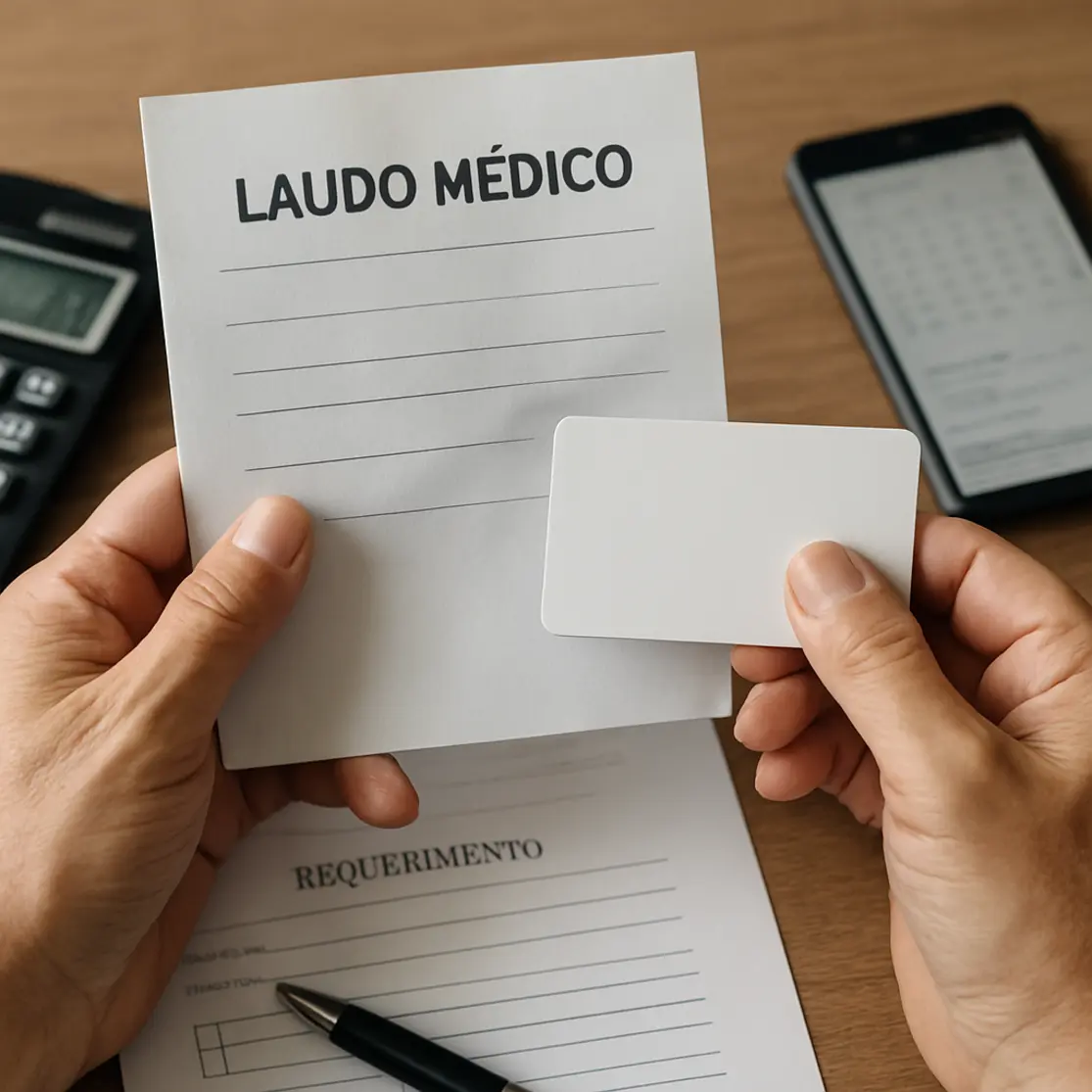 Close das mãos com laudo médico, cartão de benefício e calculadora sobre mesa, enfoque em documentos.