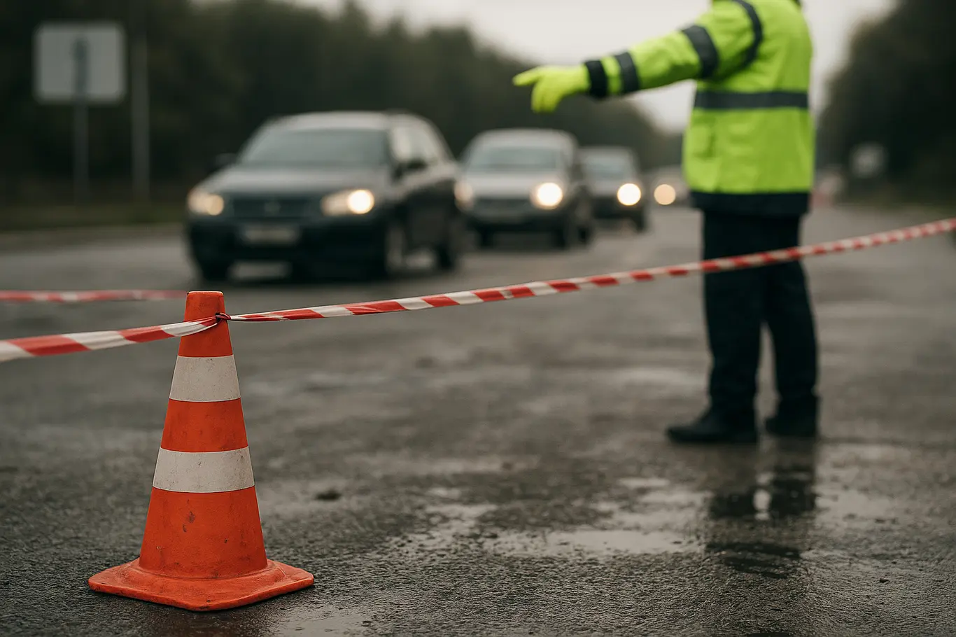 Detalhe de cones e fita de interdição na Avenida Hélio Prates com veículos desfocados ao fundo