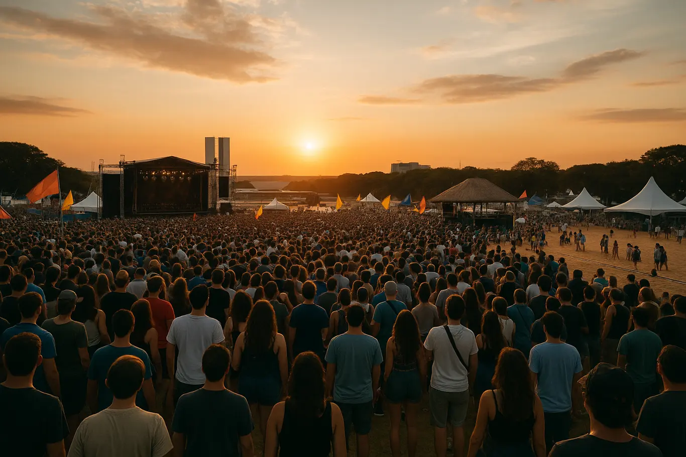 Panorama dos festivais K Festival e Praia Festival em Brasília com multidão e Congresso Nacional ao fundo