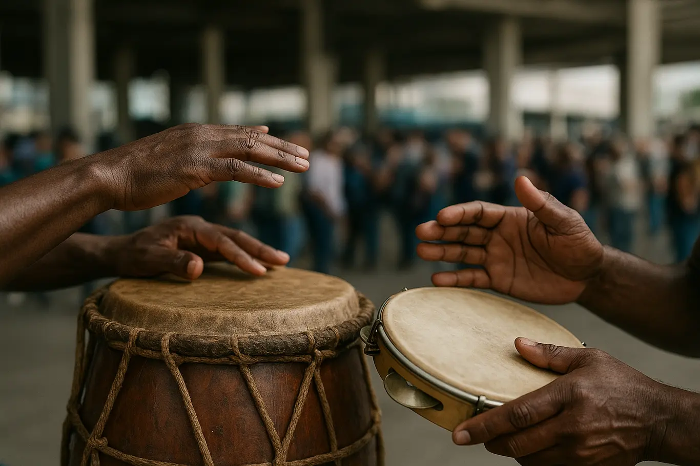 Close-up das mãos de percussionistas tocando atabaques na Rodoviária do Plano Piloto.