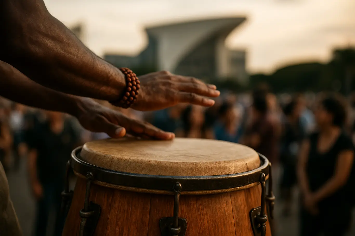 Detalhe das mãos de um percussionista tocando atabaque, com a silhueta da Rodoviária do Plano Piloto desfocada ao fundo.