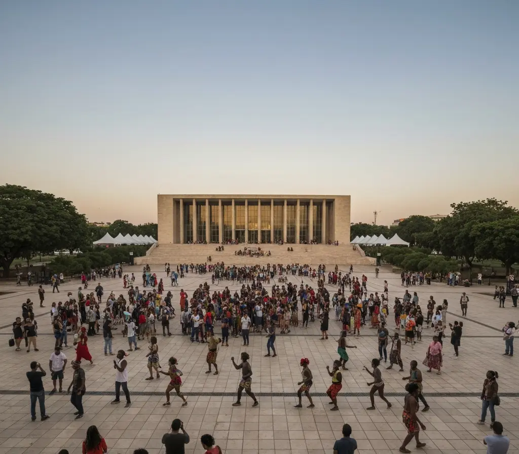 Latinidades 2026 ocupa Museu da República e rodoviária e movimenta Brasília Multidão e artistas no Museu da República durante o Festival Latinidades 2026, vistos de costas e em perfil.