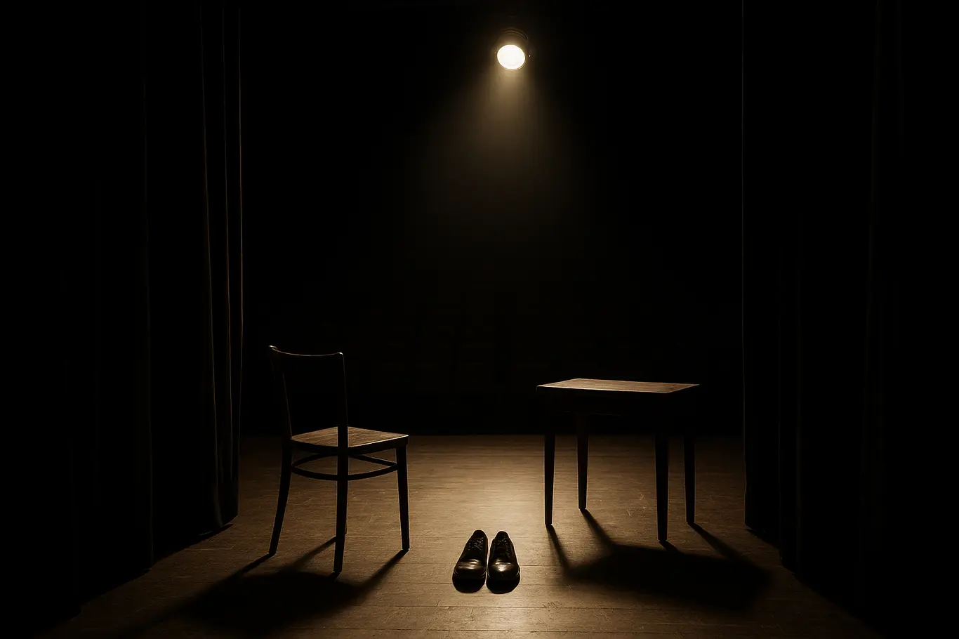 Visão backstage do palco vazio com objetos cênicos iluminados, cortinas entreabertas e plateia em sombras.