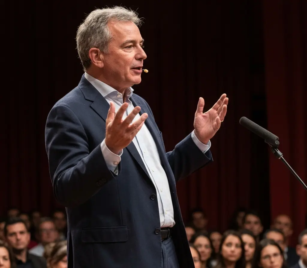 Luiz Fernando Guimarães em Brasília com Baixa Sociedade, comédia sobre ambição Ator em três-quartos de perfil no palco durante apresentação de Baixa Sociedade, gesto expressivo, público desfocado ao fundo.