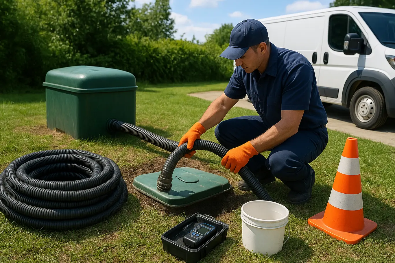 Técnico conectando mangueira à fossa séptica com equipamentos ao redor e van de serviço ao fundo