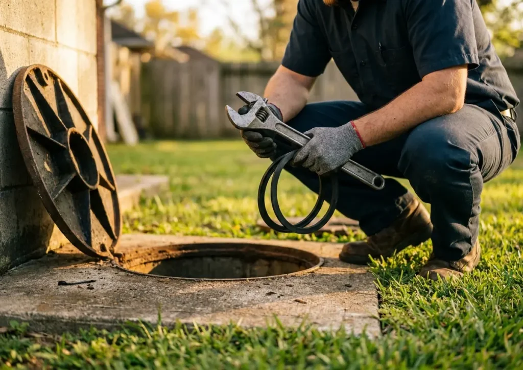 Fossa séptica: 8 sinais que indicam limpeza e manutenção em casa Técnico em 3/4 abrindo tampa de fossa séptica no quintal, foco nas mãos com luvas e ferramentas