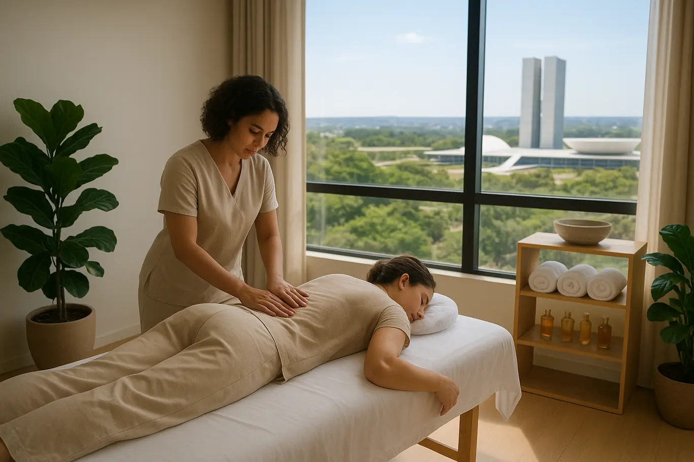 Sala de massoterapia em Brasília com vista da cidade e terapeuta atendendo cliente