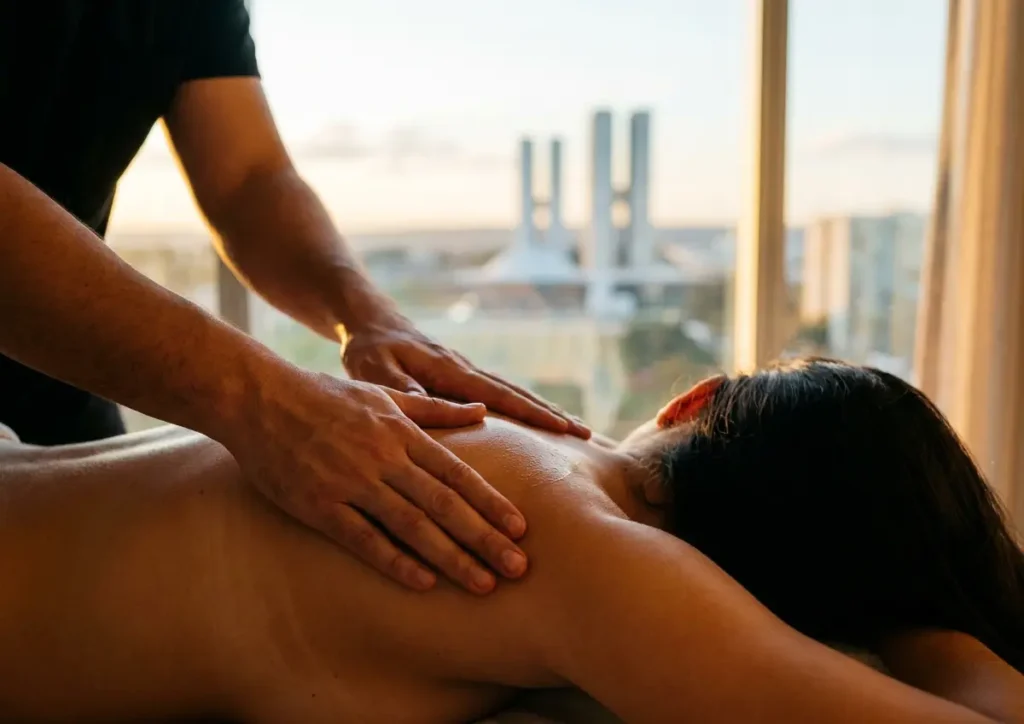 Massoterapia em Brasília: benefícios sentidos já na primeira sessão Terapeuta massageando ombro de cliente com Brasília desfocada ao fundo