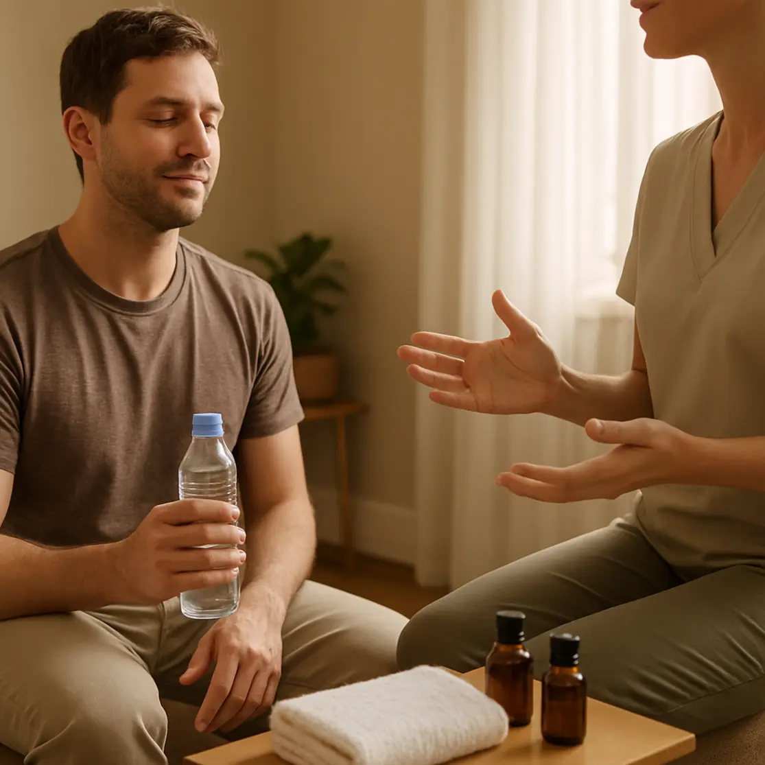 Terapeuta orientando cliente após massagem em ambiente iluminado