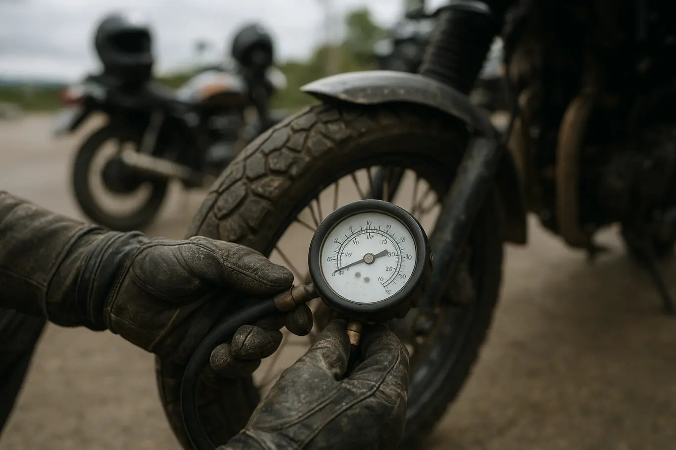 Detalhe de mãos enluvadas usando manômetro no pneu de uma moto, com outras motos desfocadas ao fundo.