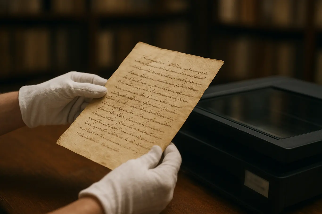 Detalhe de mãos de arquivista digitalizando documento histórico no Museu Nacional