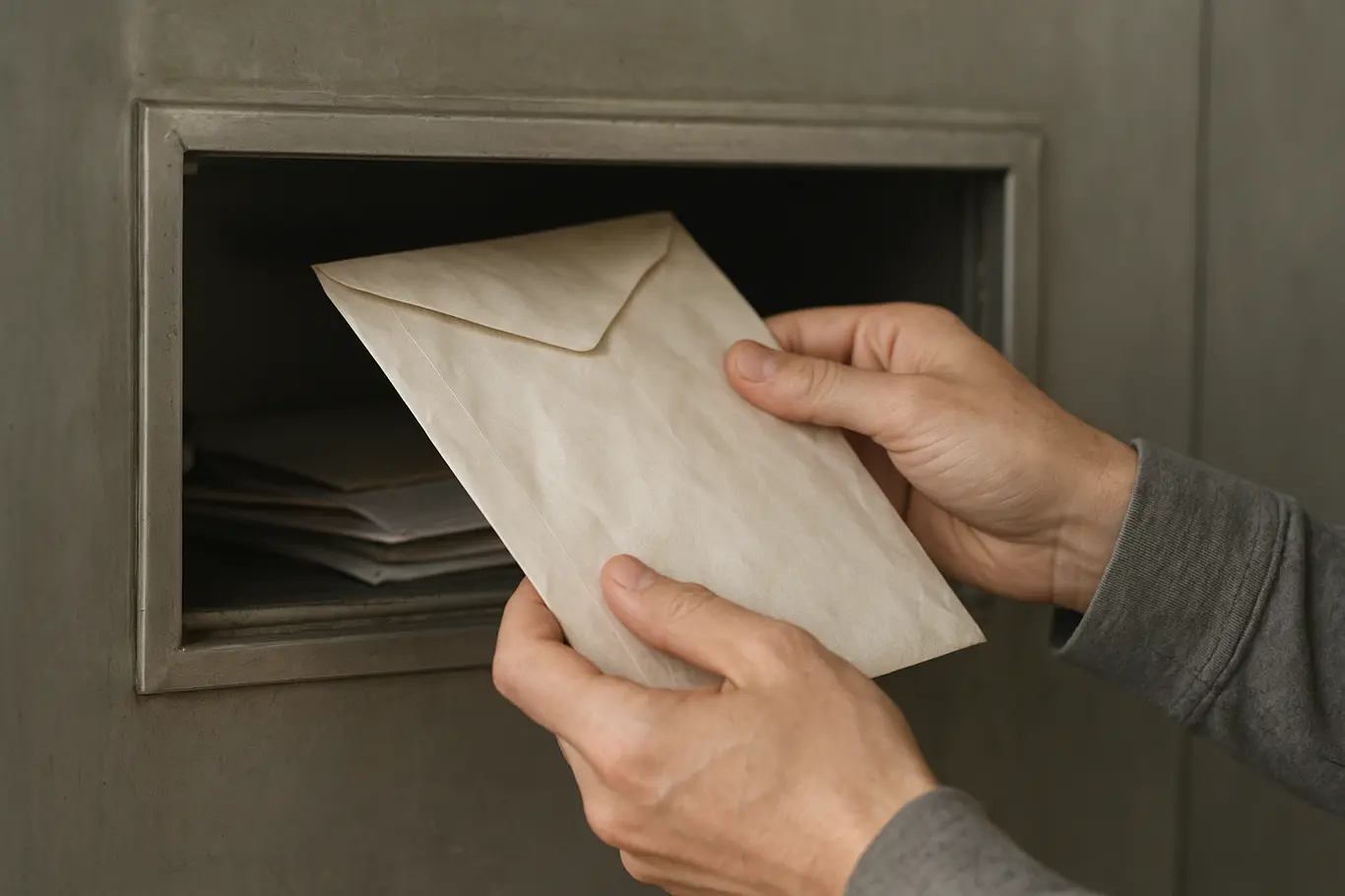 Mãos depositando envelope selado em caixa metálica institucional, detalhe em close
