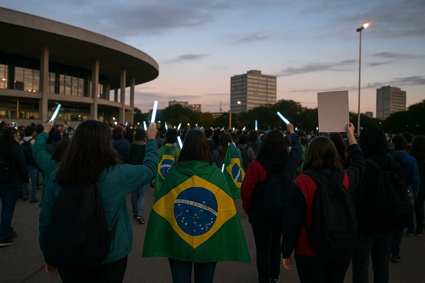 Fila de fãs em Brasília antes do show, mãos com bastões de luz e bandeiras do Brasil, rostos de costas.