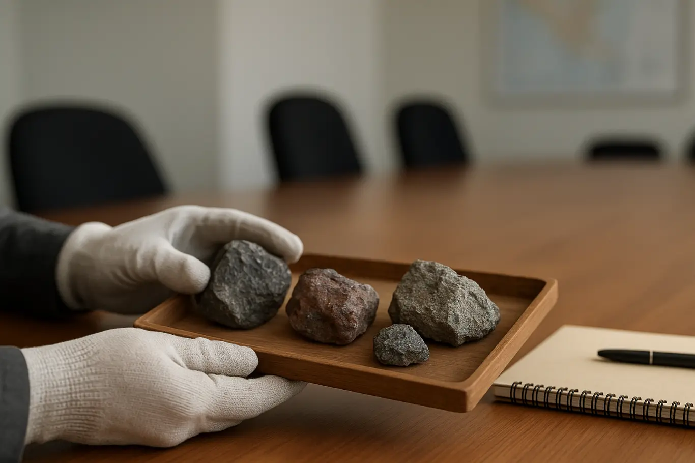 Close-up de amostras de minério em bandeja sobre mesa de reunião