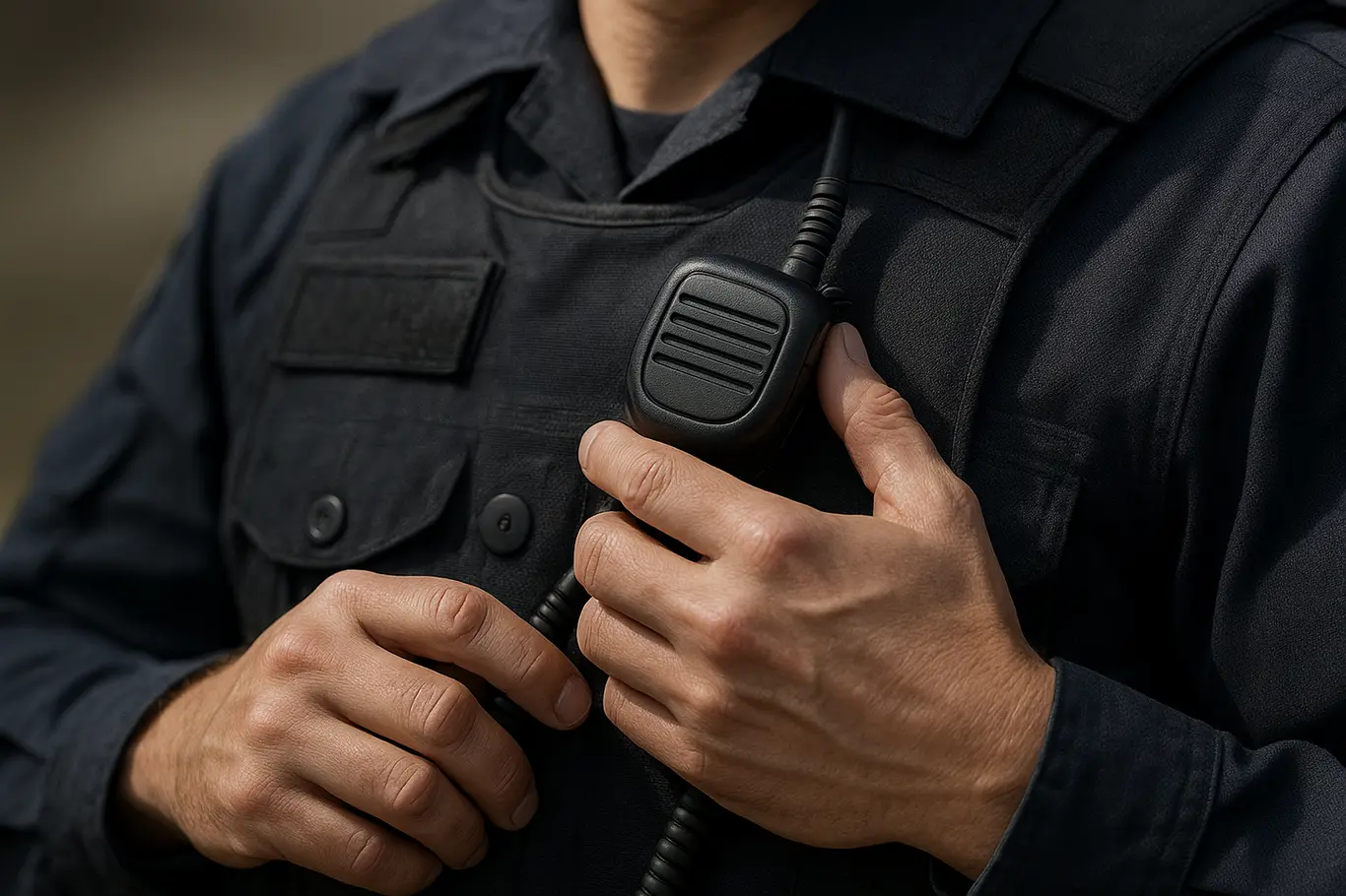 Close-up de mãos de policial da PMDF ajustando rádio comunicador no colete, sem rosto visível