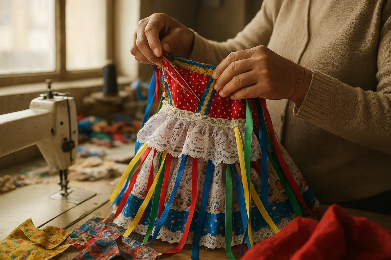 Detalhe de mãos costurando figurino de quadrilha com retalhos e máquina de costura