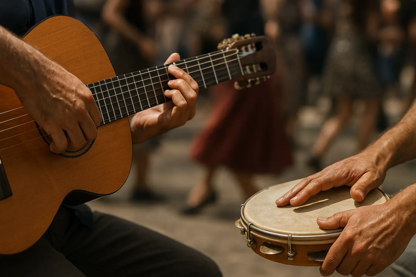 Close-up das mãos de músicos tocando violão e pandeiro com público desfocado ao fundo