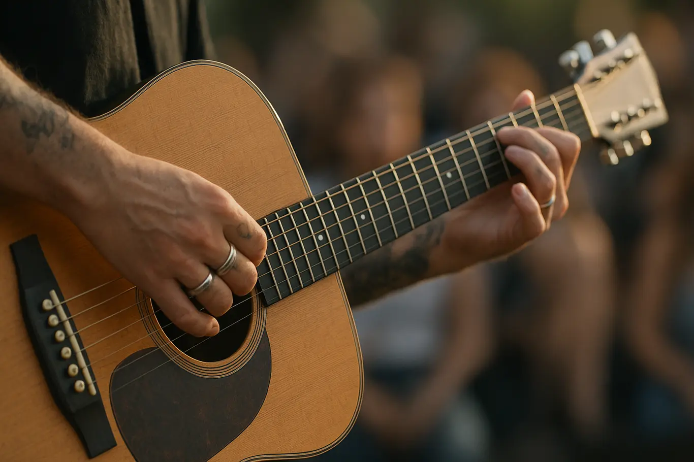 Close-up das mãos de um músico tocando violão no palco, cordas e palheta em foco