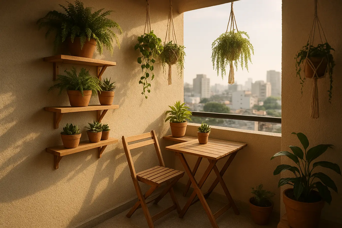 Vista ampla diagonal de varanda pequena com prateleiras, vasos e plantas pendentes