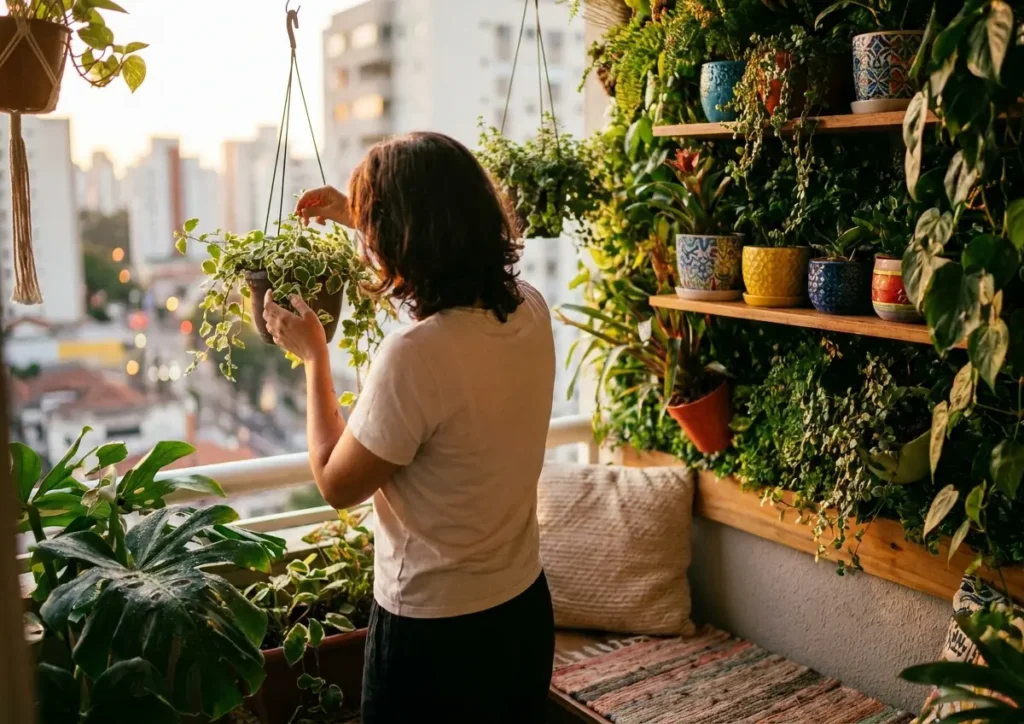 Decorar varanda pequena com plantas: o detalhe que transforma o espaço Pessoa de costas organizando vaso pendente em varanda pequena com jardim vertical e luz dourada