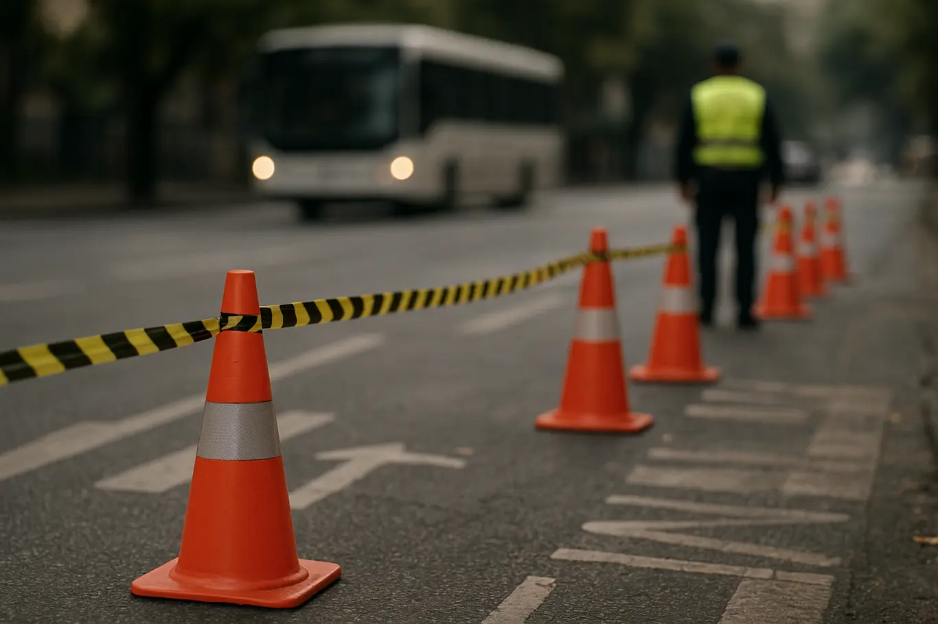 Close-up de cones laranja e fita de interdição no asfalto, agente desfocado ao fundo