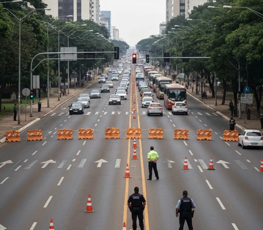 Interdição da W3 Sul por Estação Sesc altera acesso na Asa Sul Vista ampla da W3 Sul com faixa interditada por cones, ônibus e carros desviando