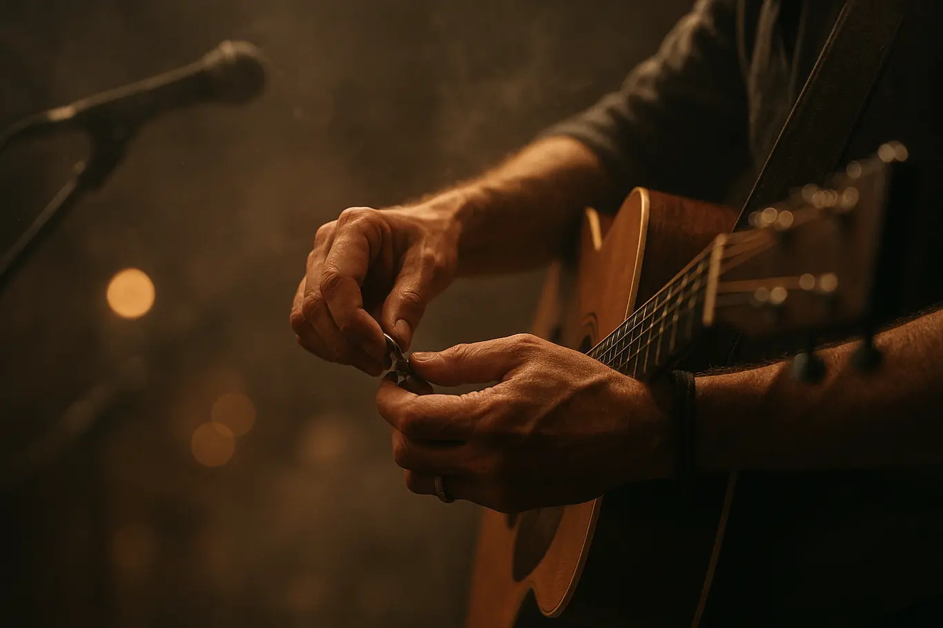 Close nas mãos de um músico afinando o violão no palco, com luzes em bokeh ao fundo.